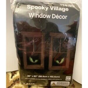 NEW Spooky Village Halloween Window Decor, Window Green Cat Eyes Curtain Panels